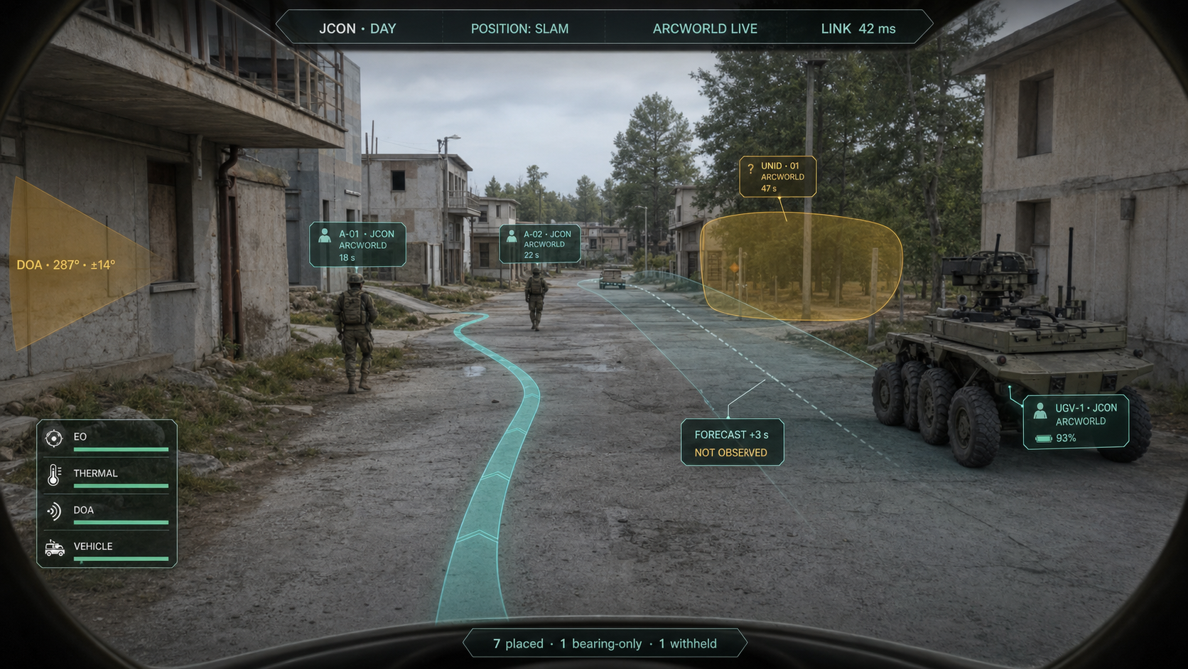 ArcEyes OS headset-view concept with route and vehicle overlays